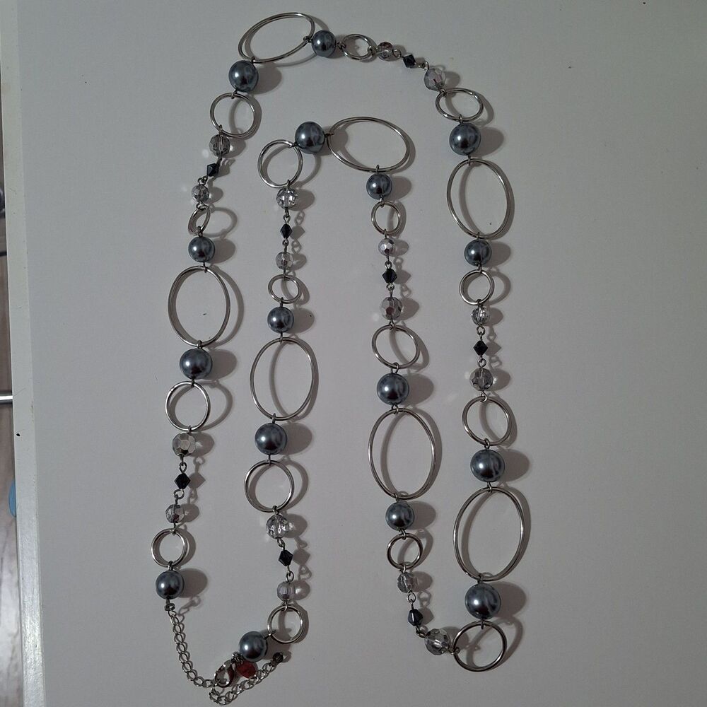 Lia Sophia Long Silver Tone Oval Ringlet Round Beaded Statement Necklace